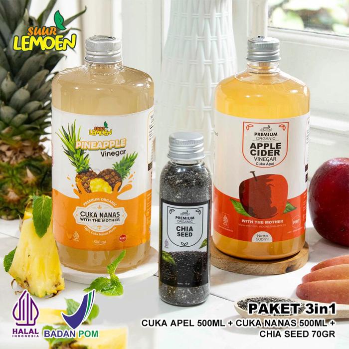 

TERLARIS PROMO PAKET Best 3in1 Big SUUR LEMOEN Paket Cuka Apel 500 ml CUKA nanas 500 ml Chia Seeds