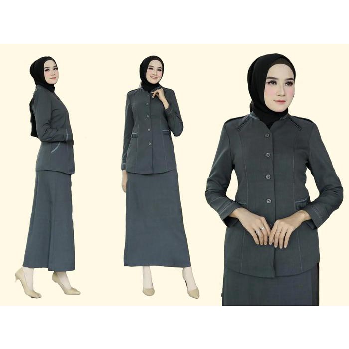 Seragam Kerja Wanita PNS Guru Abu-Abu Tua Model 903 Set Rok.A Free Hijab Blazer