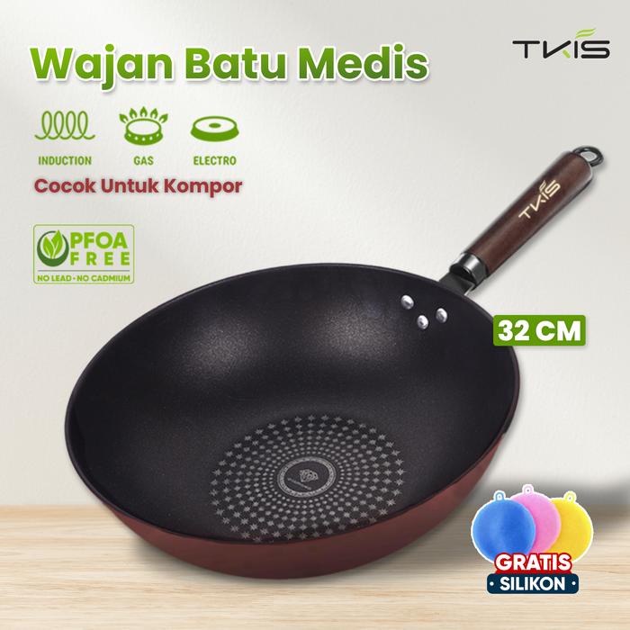 TKIS Panci Wok / Wok Pan Panci Penggorengan Model Diamond Anti Lengket Ukuran 32 CM Gagang Kayu