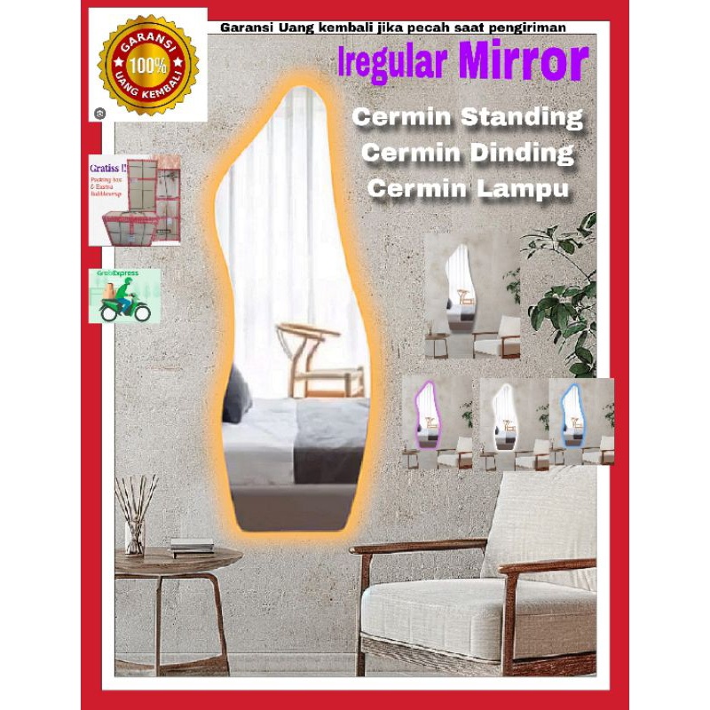 (TJA) Produk Baru Iregular Mirror Kaca Cermin Dinding Full body Besar Cermin Lampu Oval Bulat Led