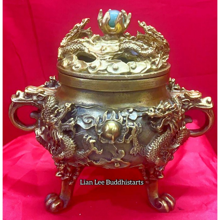 Hiolo Logam Kuningan Tembaga Naga Giok Wadah Dupa Uk 17 Cm