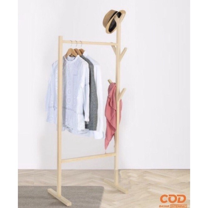 stand hanger gantungan baju kayu aesthetic bahan kayu solid /