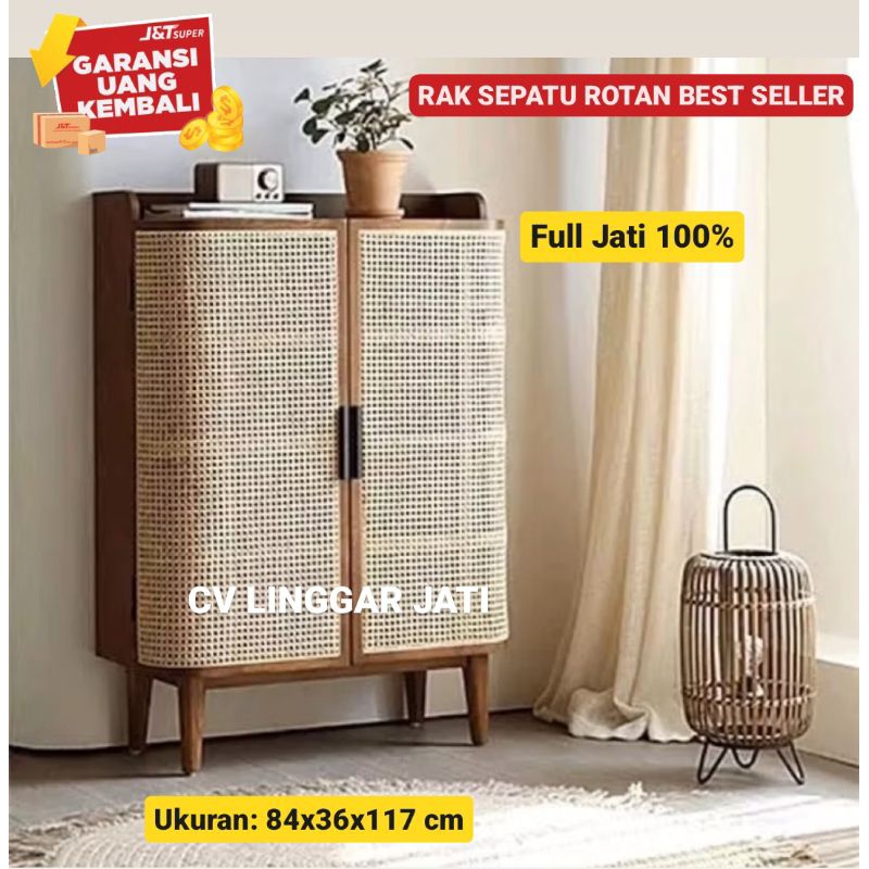 Rak Sepatu Susun Tertutup Kayu Jati Kombinasi Rotan Japandi Konsep Almari Lemari Rak Sepatu Rotan Mu