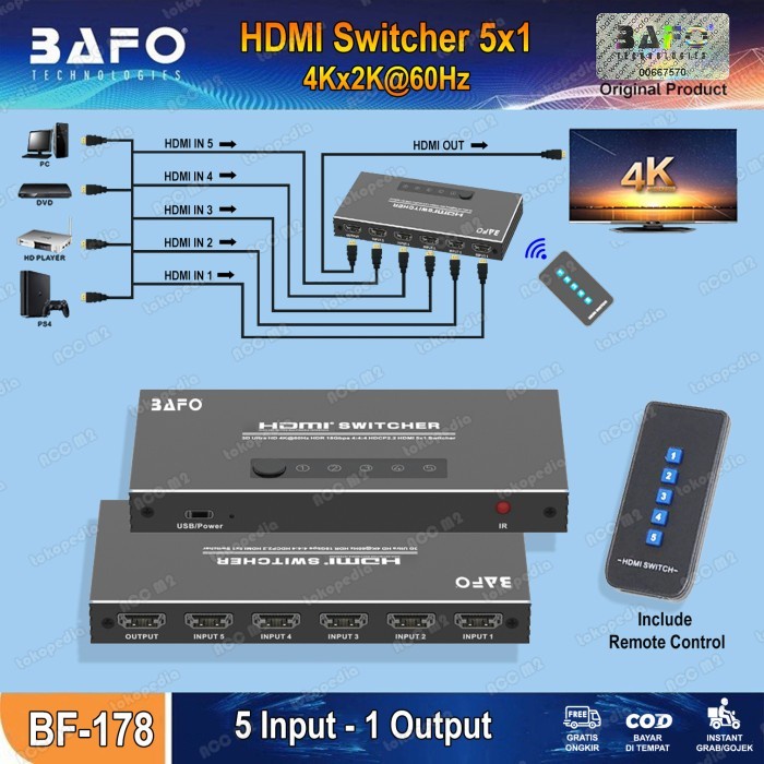BAFO HDMI Switcher 5 IN 1 OUT 4K Switch HDMI 2.0 ORIGINAL BAFO BF-178