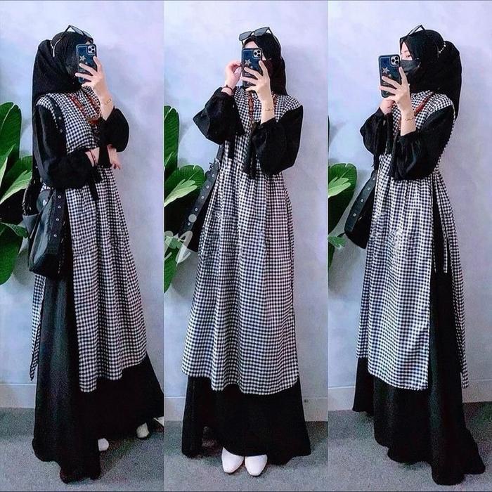 SALE Maxi Aizura Dress Wanita Muslim Gamis Kekinian Bahan Crinkle Airflow Mix Katun Kotak