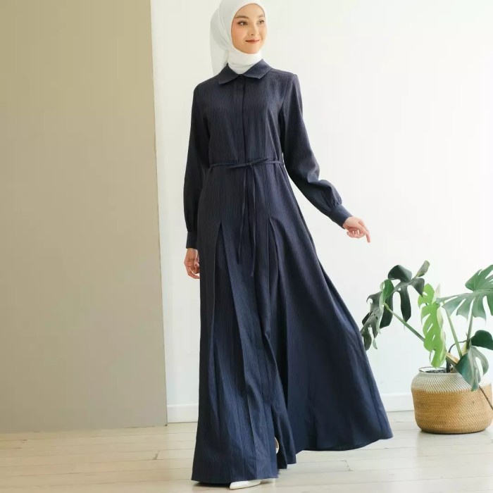 TERUJI ZOYA Xelma Dress Navy - Pakaian Muslim Wanita Baju Dress Gamis Wanita Wudhu Busui Friendly
