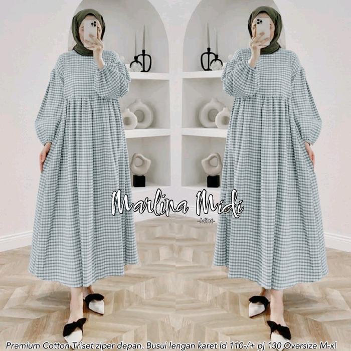 HEMAT Khasma Fashion - Marlina Midi Dress Wanita Motif Kotak Bahan Katun Square Premium Gamis Remaja