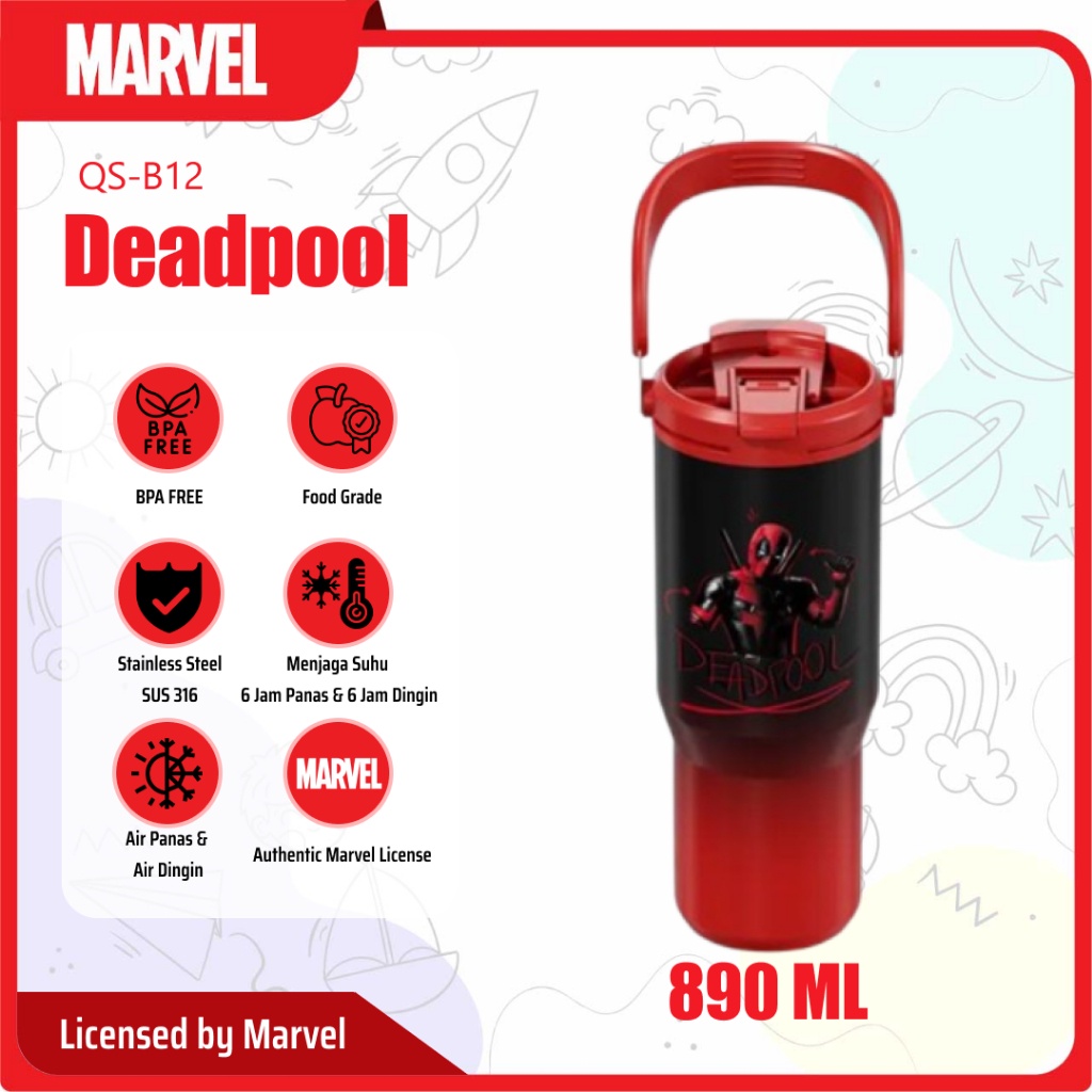 Bottled Joy x Marvel Tumbler Portable Handle Stainless 890ml QS-B12 Botol Minum Tumbler Panas Dingin