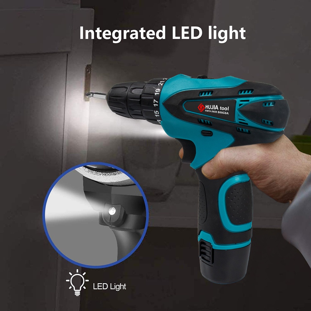 Best Seller HUJIA Mesin Bor Baterai 12Volt Bor Cas 2 Batre 25+1 Bor Cordless Drill Bor Tangan Bor