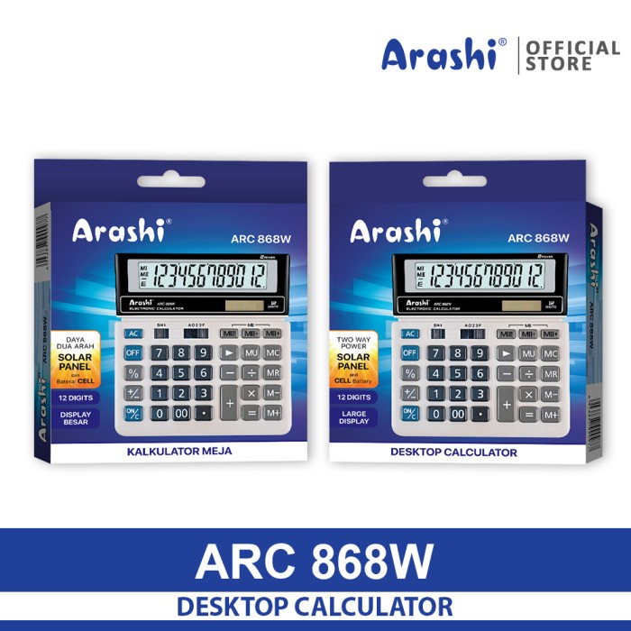 

CALCULATOR / ARASHI KALKULATOR ARC 868W / 12 DIGITAL / SOLAR PANEL [TERBARU[TERLARIS[ORIGINAL[ASLI]