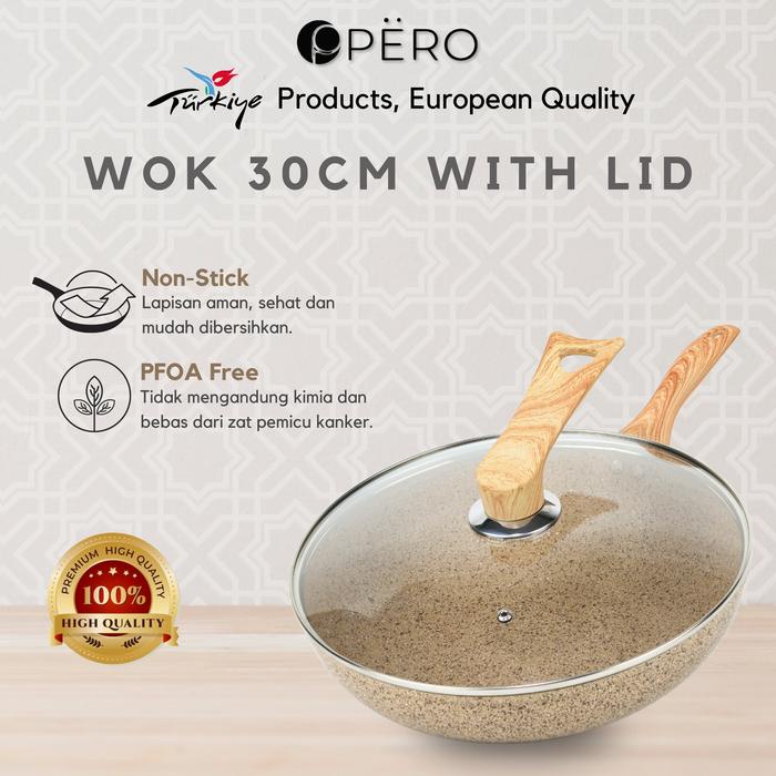 PREMIUM Pero Wok Pan 30cm with Glass Lid Wooden Handle Biogranite Non Stick / Wajan Penggorengan