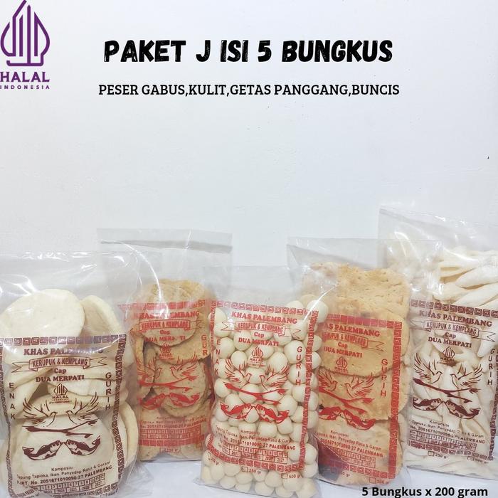

terbaru !!! paket j isi 5 bungkus @200 gram [peser gabus,kulit,getas panggang,buncis] 1 kg cemilan