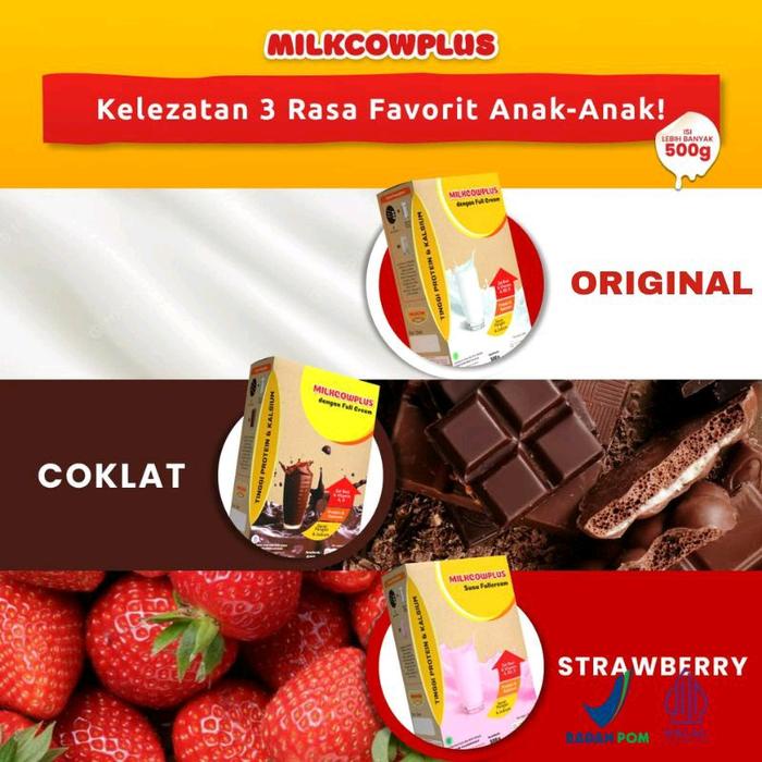 

MILKCOW PLUS BUNDLE ISI 2 X 500 GRAM SUSU SAPI BUBUK ANAK & REMAJA RASA ORIGINAL, COKLAT, STROBERI