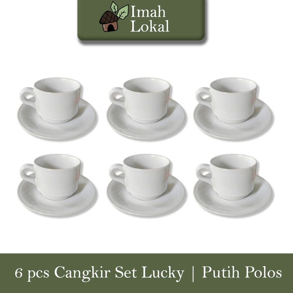 Terbatas 6 Set Cangkir Keramik Lucky Gelas Minum Kopi Teh Warna + Pisin / Tatakan - Putih Polos Hari