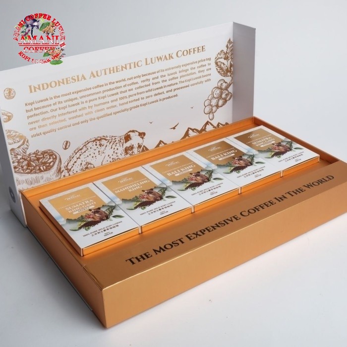 

Kopi Luwak Wild Indonesia Authentic Luwak Coffee Luxury Parcel Box Worcas 100 gr box isi 5 Wild