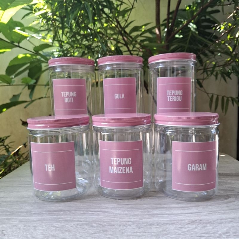 Toples Bumbu Dapur Tutup Pink Alumunium Model Mininalis Gratis Label Stiker anti air