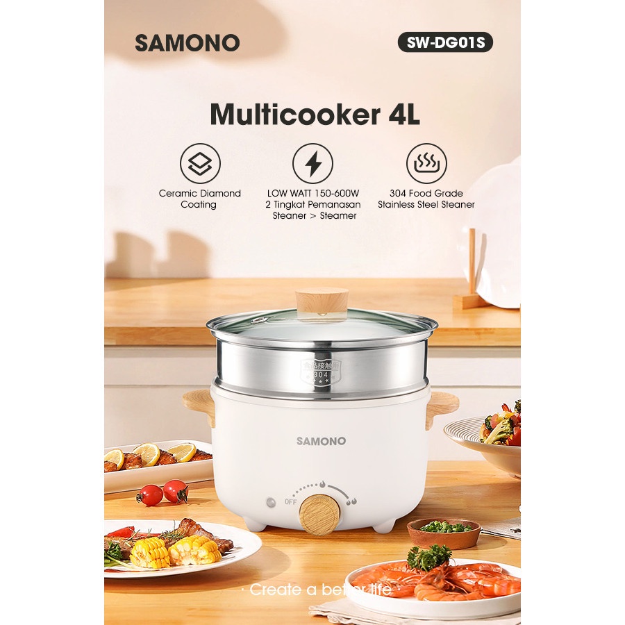 SAMONO Electric Pot 2in1 SW-DG01S Panci Listrik 4L Multifungsi dengan Lapisan Keramik dan Kukusan St