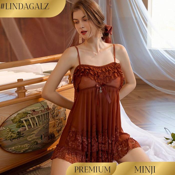 BERKUALITAS LindaGalz MINJI Pakaian Tidur Wanita 1181 Soft Dress Piyama Daster Kombinasi Renda