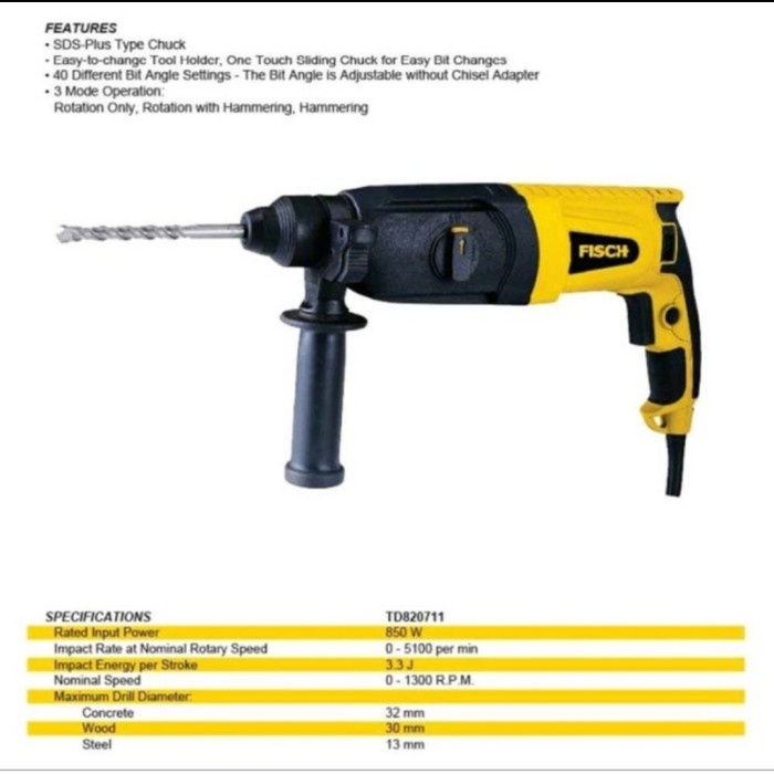 @#@#@#] Fisch Rotary Hammer TD820711 Mesin Bobok Beton Mesin Bor SDS 23 MM