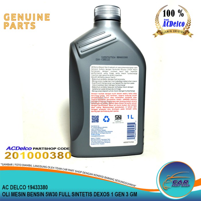 OLI MESIN BENSIN 5W 30 5W30 FULL SINTETIS AC DELCO DEXOS 1 GEN 3 GM