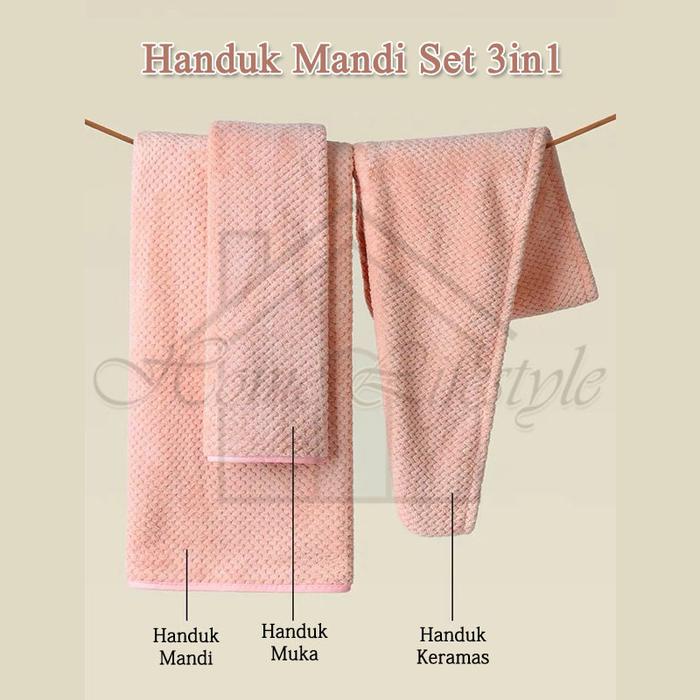 Handuk Set 3 In 1 / Handuk Mandi / Handuk Muka / Handuk Keramas / Handuk Microfiber Set 3 Pcs
