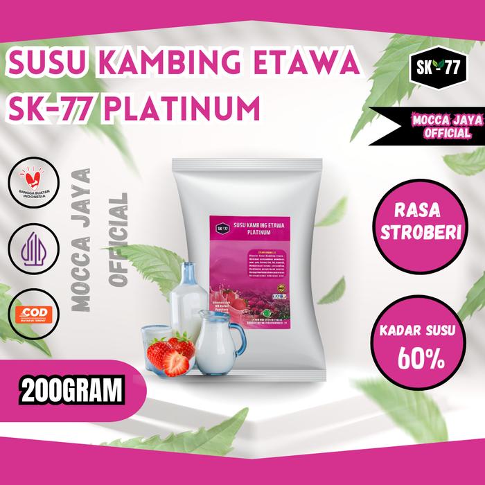 

terbaru !!! susu kambing etawa bubuk sk 77 platinum rasa strobery kemasan 1000gr/500gr/200gr ready