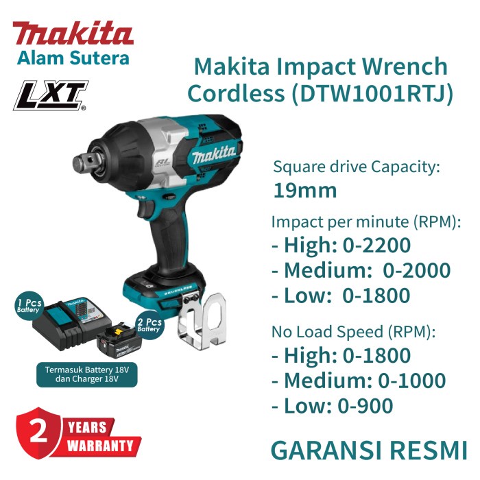 Makita Mesin Impact Wrench Cordless Dtw 1001 Rtj / Dtw1001Rtj