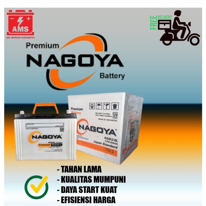 Aki Nagoya 55D23L 12V 60 Ah Mobil Innova Bensin A/T, Mirage, Outlander Garansi 3 Bulan, Gratis Kirim