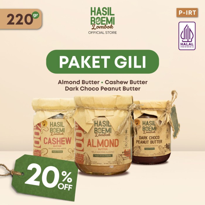 

PAKET GILI - Almond Butter (Selai Almond), Cashew Butter (Selai Mente), Dark Choco Peanut Butter