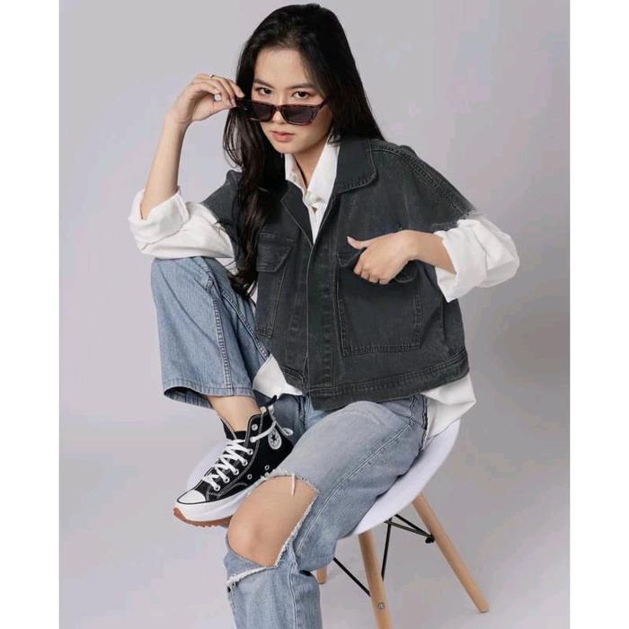 New Jaket Rompi Jeans Cassandra Oversize Jacket Denim Wanita Tanpa Lengan Outer Blazer Kekinian Ld