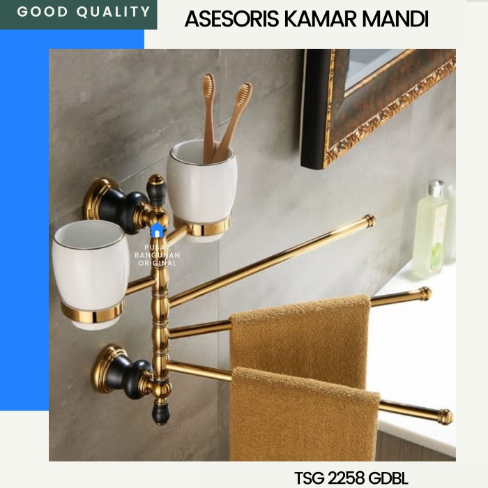 Rak Handuk Wastafel Tempat Sikat Gigi Gold Emas Black Hitam Tumbler - Asli