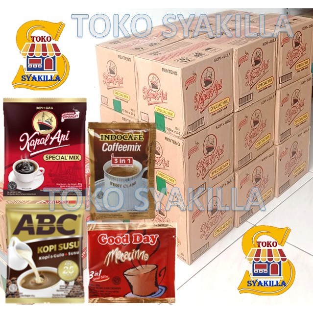 

Kopi kapal api special mix, ABC Susu, Gooday Merah, Indocafe coffeemix 1 dus