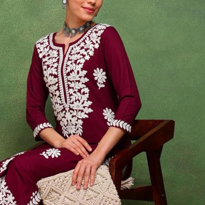 Laqueens Vaamsi Burgundy Kurta Kurti Baju India Tunik Wanita Remaja Dewasa Motif Bordir Atasan