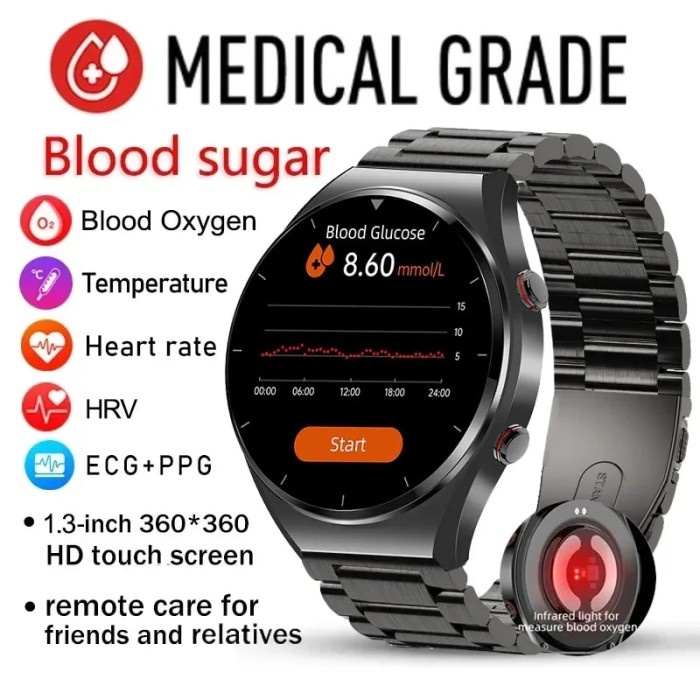 Accurate Measure Blood Sugar Smart Watch Men ECG PPG Bluetooth Watch