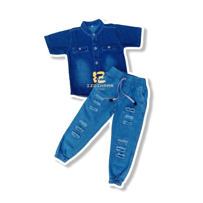 Premium Setelan Kemeja Jeans Anak Laki-Laki Celana Pendek Ripped 1-12 Tahun