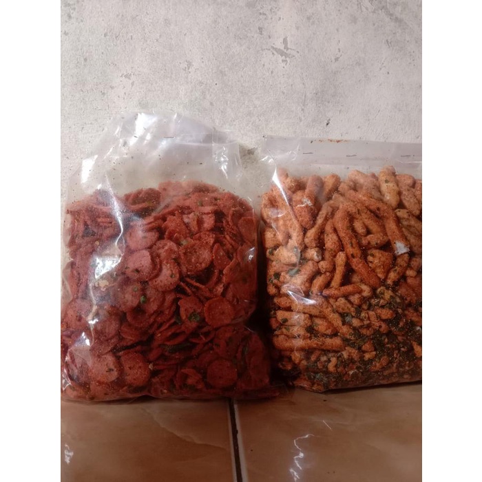 

1 Kg Dua Produk Varian Basreng Stik & Krupuk Sosis Goreng Pedas Daun Jeruk Cemilan Snack Food Kerang