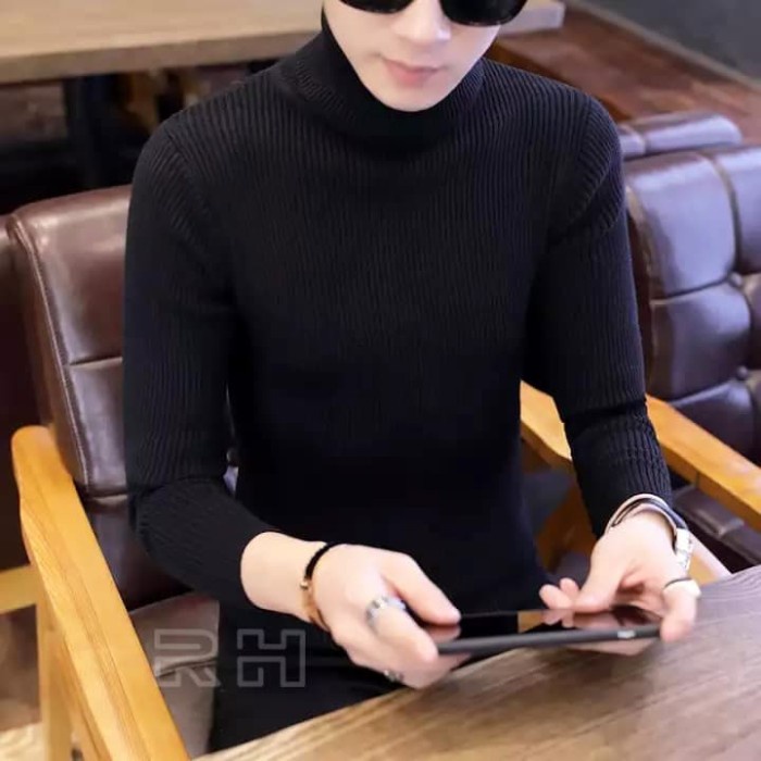 ORIGINAL RH BAJU RAJUT SWEATER TURTLENECK SALUR PRIA HITAM ALL SIZE