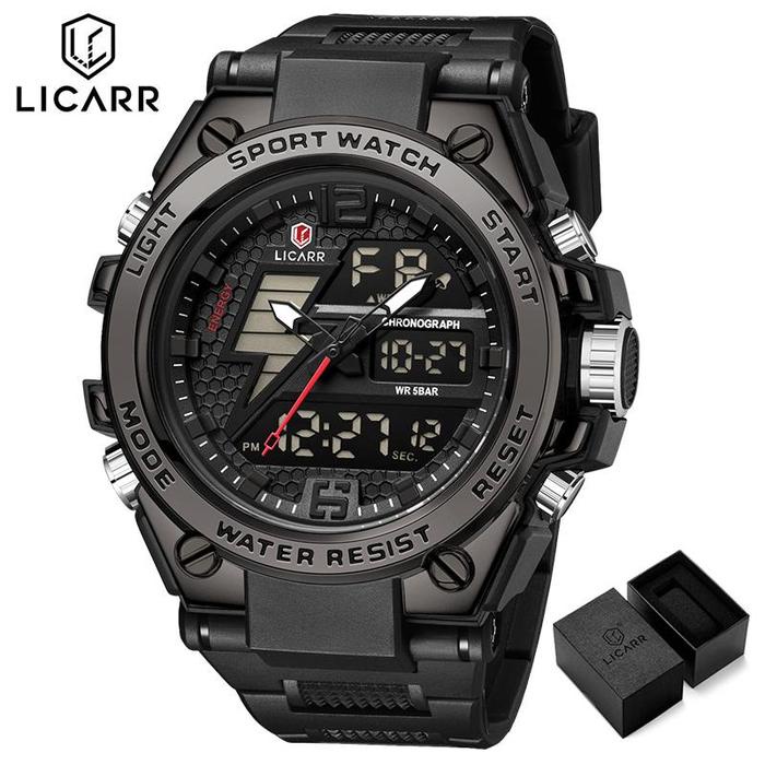 LICARR Jam Tangan Pria Bermerek Jam Tangan Olahraga Kuarsa Kasual Kedap Air Digital Analog Modis