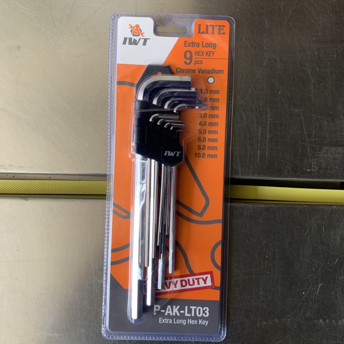 Kunci L Set Panjang 9 Pcs Iwt Japan Hex-Hex/Flat-Ball/Torx-Torx/Flat-Torx Chrome Vanadium Heavy Duty