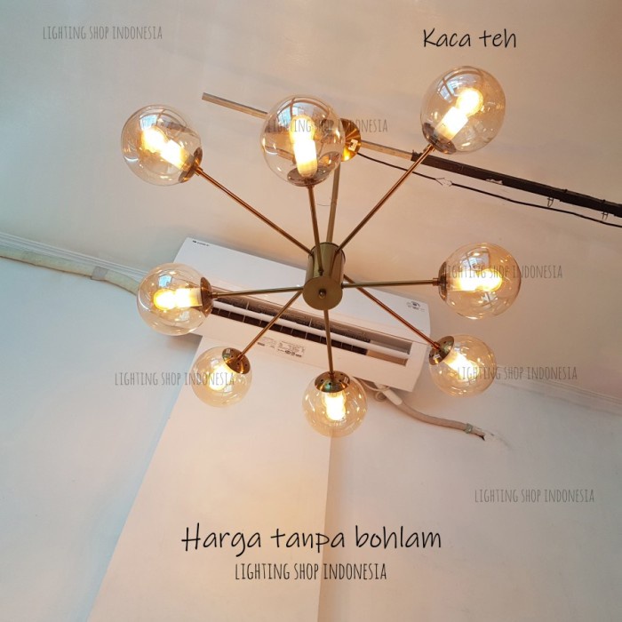 Lampu Gantung Grey 8 Lampu Gold Modern Kaca Teh Abu Ruang Kamar