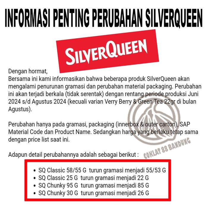

SILVERQUEEN CHUNKY BAR 10 PCS X 26gr ex 30 gr, COKELAT SILVERQUEEN CHUNKY 26 GRAM ISI 10 COKLAT