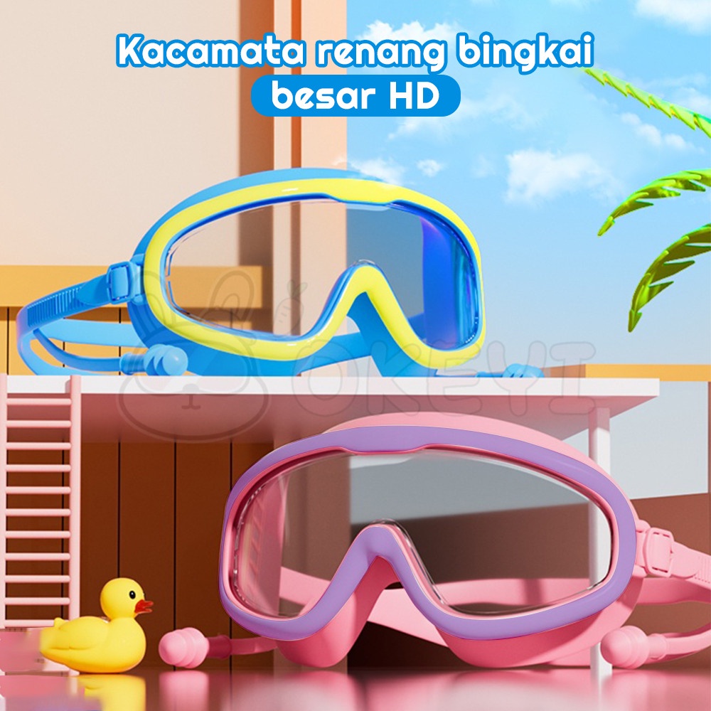 Okeyi Kacamata Renang Anti Fog UV Kacamata+Penutup Telinga Laki Dan Perempuan Anak