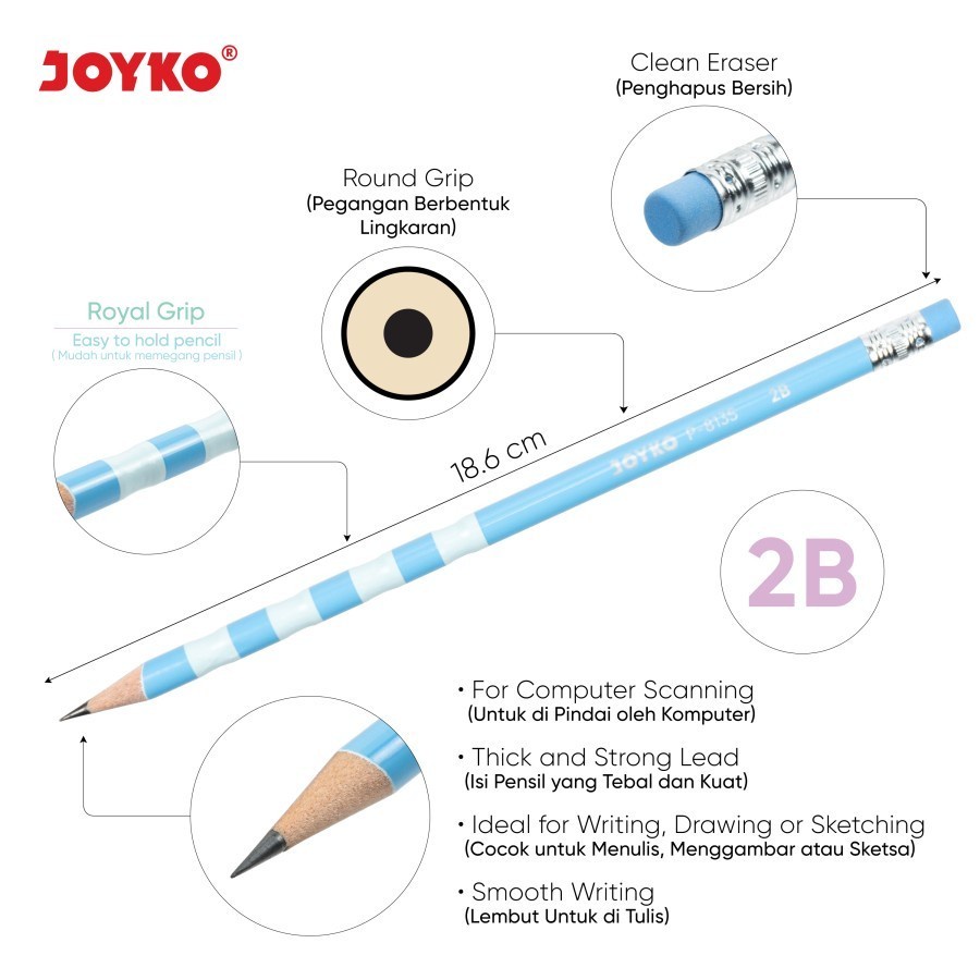 

IK! 1 PAK Pensil Joyko P-8135 Royal Grid 2B Wooden Pencil Warna-Warni