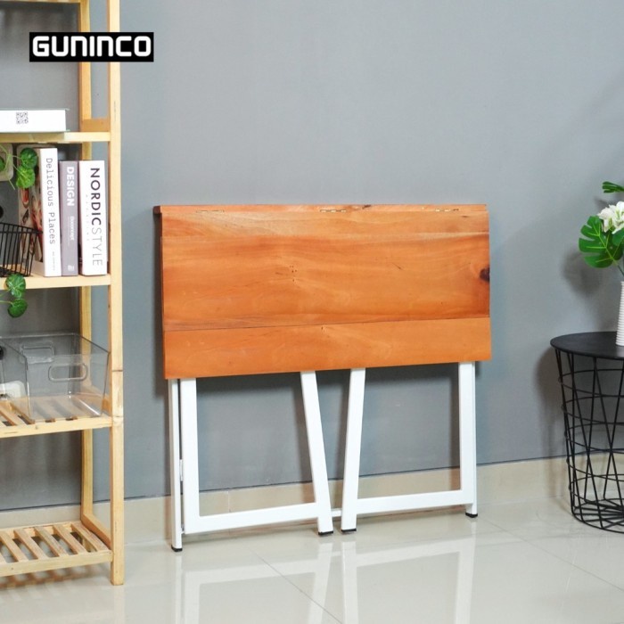 GUNINCO Meja Makan Lipat 80x40 Full Kayu Solid Kaki Kayu Kaki Besi