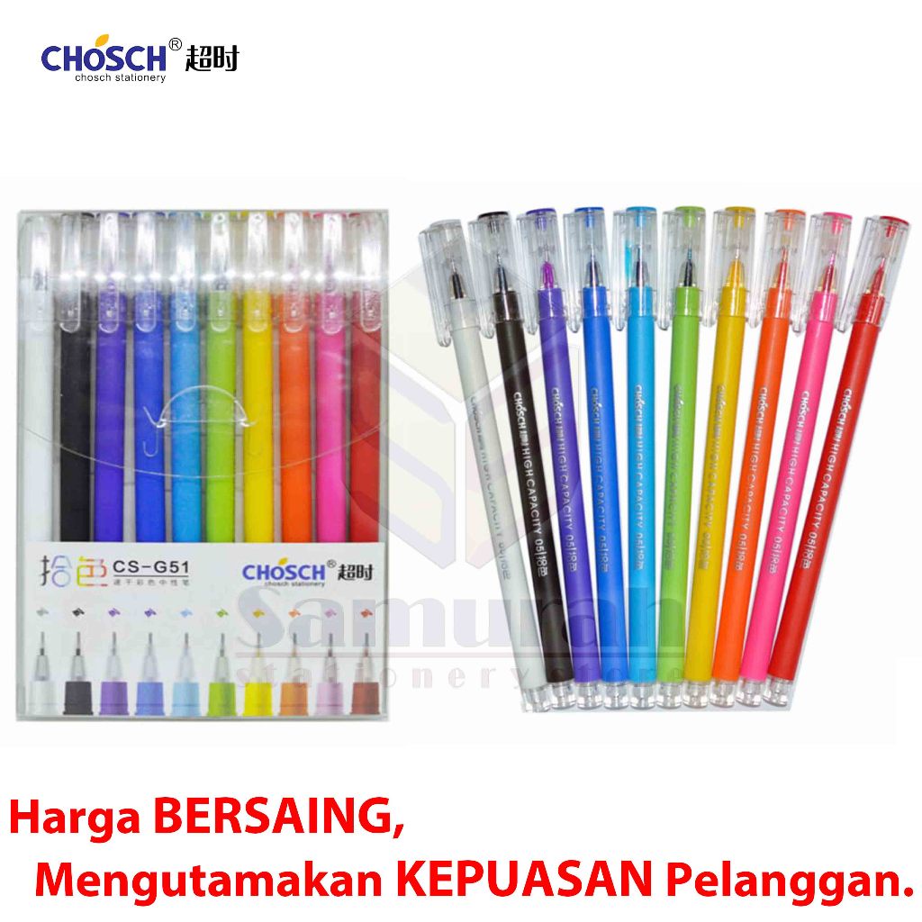 

Gel Pen Chosch 0.5 mm Campur 10 Warna - Set / GelPen 05 mm MIX 10 Colours / Ball Pen Gel Cair 05mm