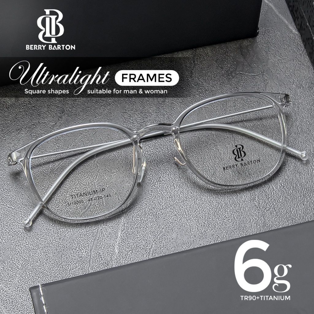 ACCMT- Berrybarton Kacamata Retro Segi Empat Titanium TR90 Lensa Minus Anti Radiasi Bluecromic Pria