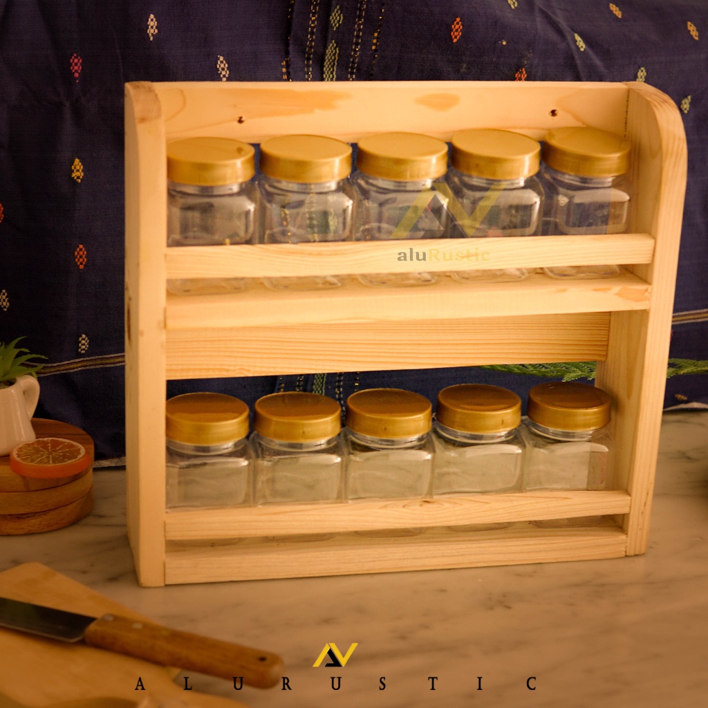 Termurah Tempat Bumbu Kayu 2 Tingkat 10 Toples / Rak Kayu 2 Susun / Rak Gantung / Tempat Bumbu