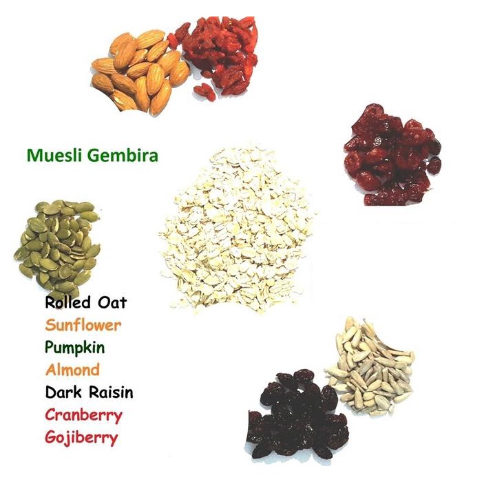 

1000gr Muesli Gembira : rolled oat, sunflower, pumpkin, almond, dark raisin, cranberry & gojiberry