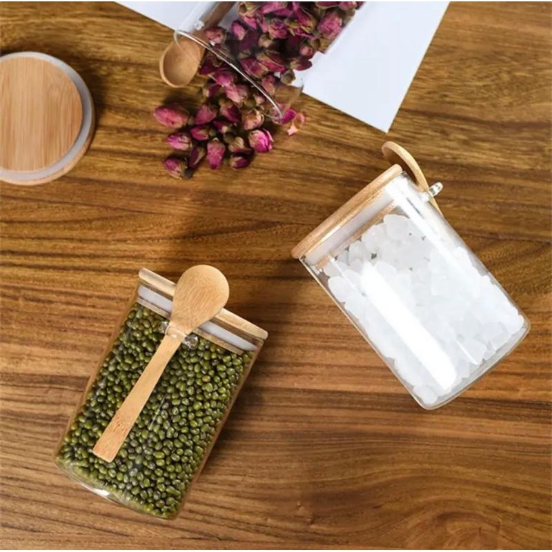 {{ Toples Mini Wadah Bumbu Dengan Sendok Kayu 250 Ml / Toples Kaca Tutup Kayu / Tempat Bumbu