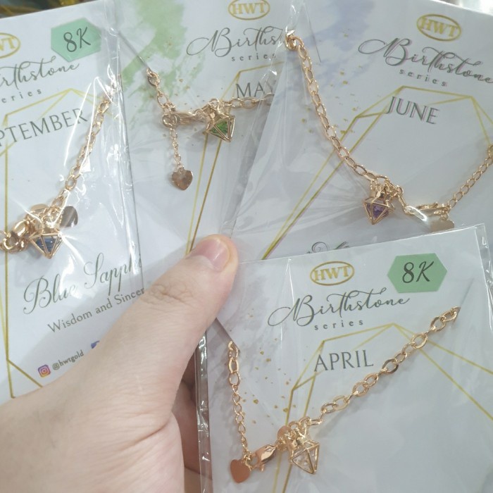 Gelang birthstone batu ungu biru kuning putih hijau emas asli hwt 375